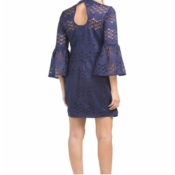 Trina Turk Lace Overlay Navy Blue Mini Dress Bell 3/4 Sleeve Sz 4 Holidays - Picture 7 of 9